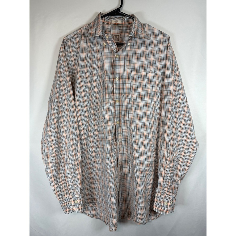 Peter Millar Mens Large Orange Blue Plaid Cotton Button Down Shirt Long Sleeve